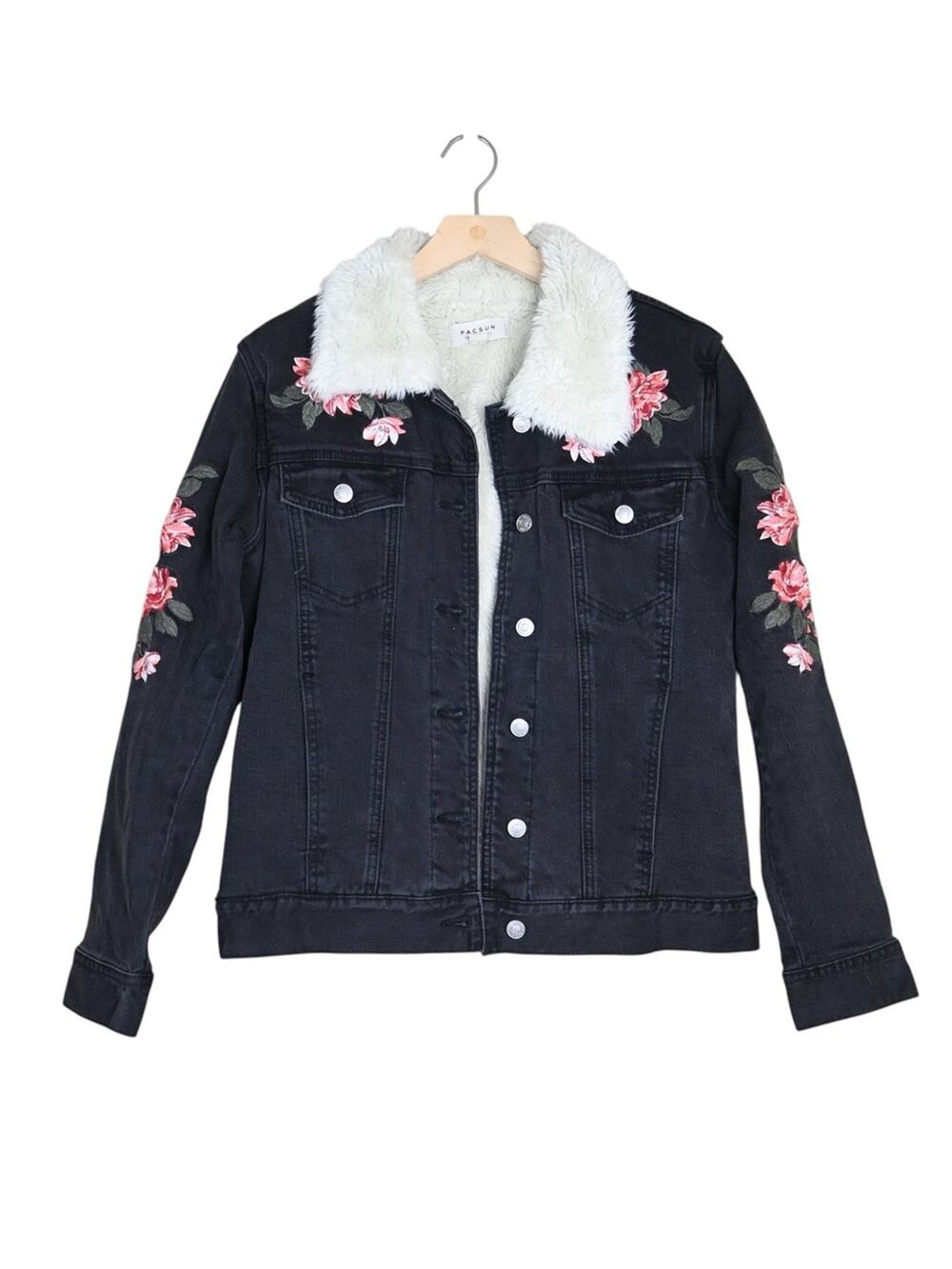 PACSUN Women's M Floral Embroidered Faux Fur Lining Denim Trucker Jacket